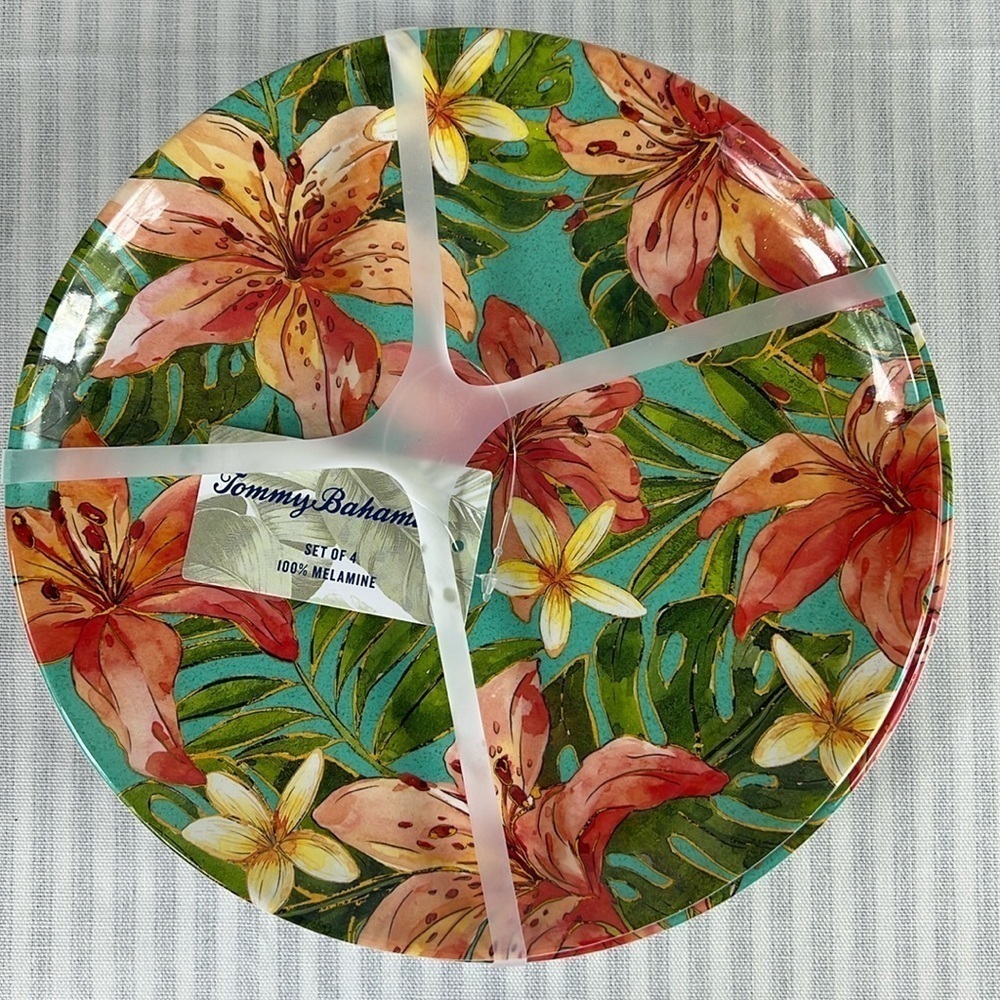 Tommy Bahama Melamine Dinner Plates 11" Hibiscus Tropical Flowers Set Of 4 NEW